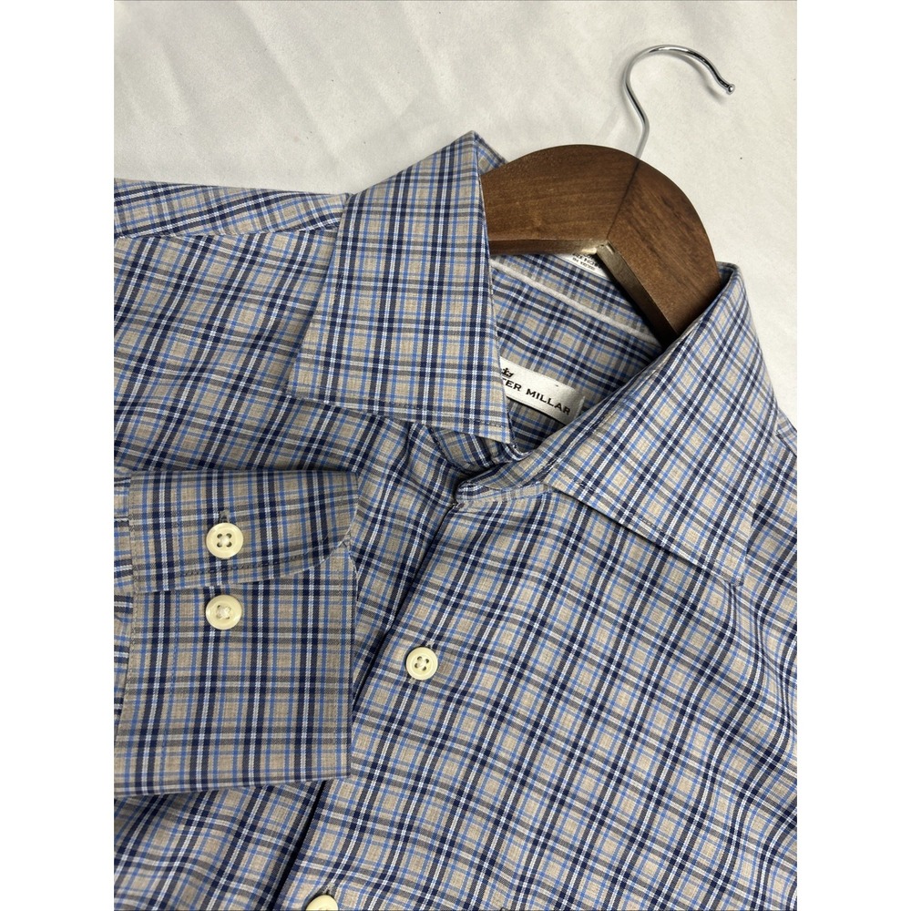 Peter Millar Button Up Shirt Gray Plaid Long‎ Sleeve Button Down Men's L Cotton